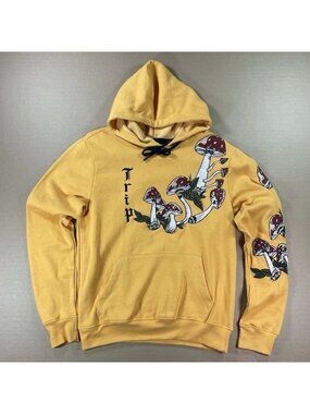 Upstanders Hoodie "Trip" Mushrooms Full Embroidered Yellow Skater - Men's Small